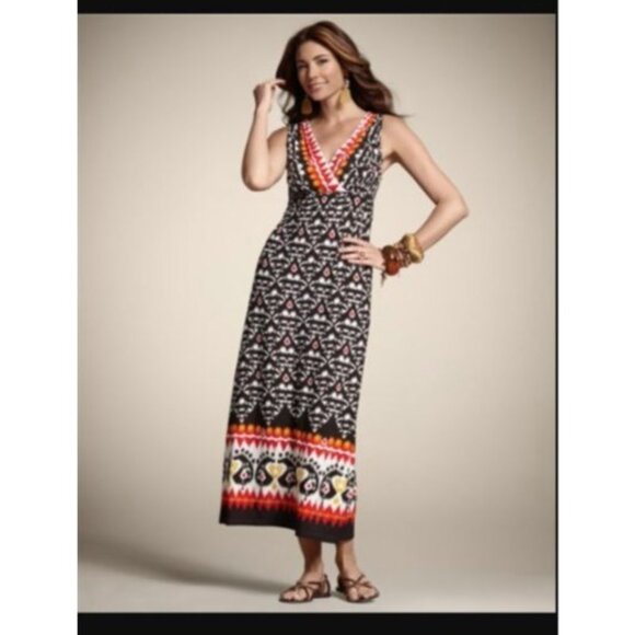 Chico's 2 Brown Orange Print Maxi Dress Tribal Ikat Geometric size large knit - Picture 1 of 6